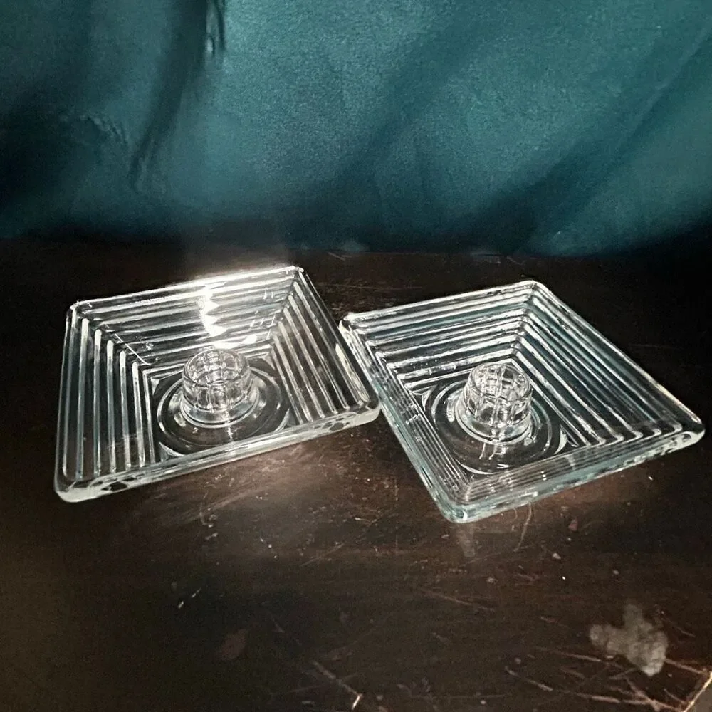 2 Vintage Art Deco Anchor Hocking Clear Manhattan Square Candleholder